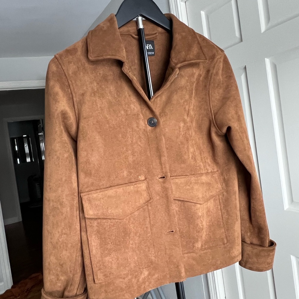 Zara Brown Suede-Look Button Front Jacket - Picture 2 of 5